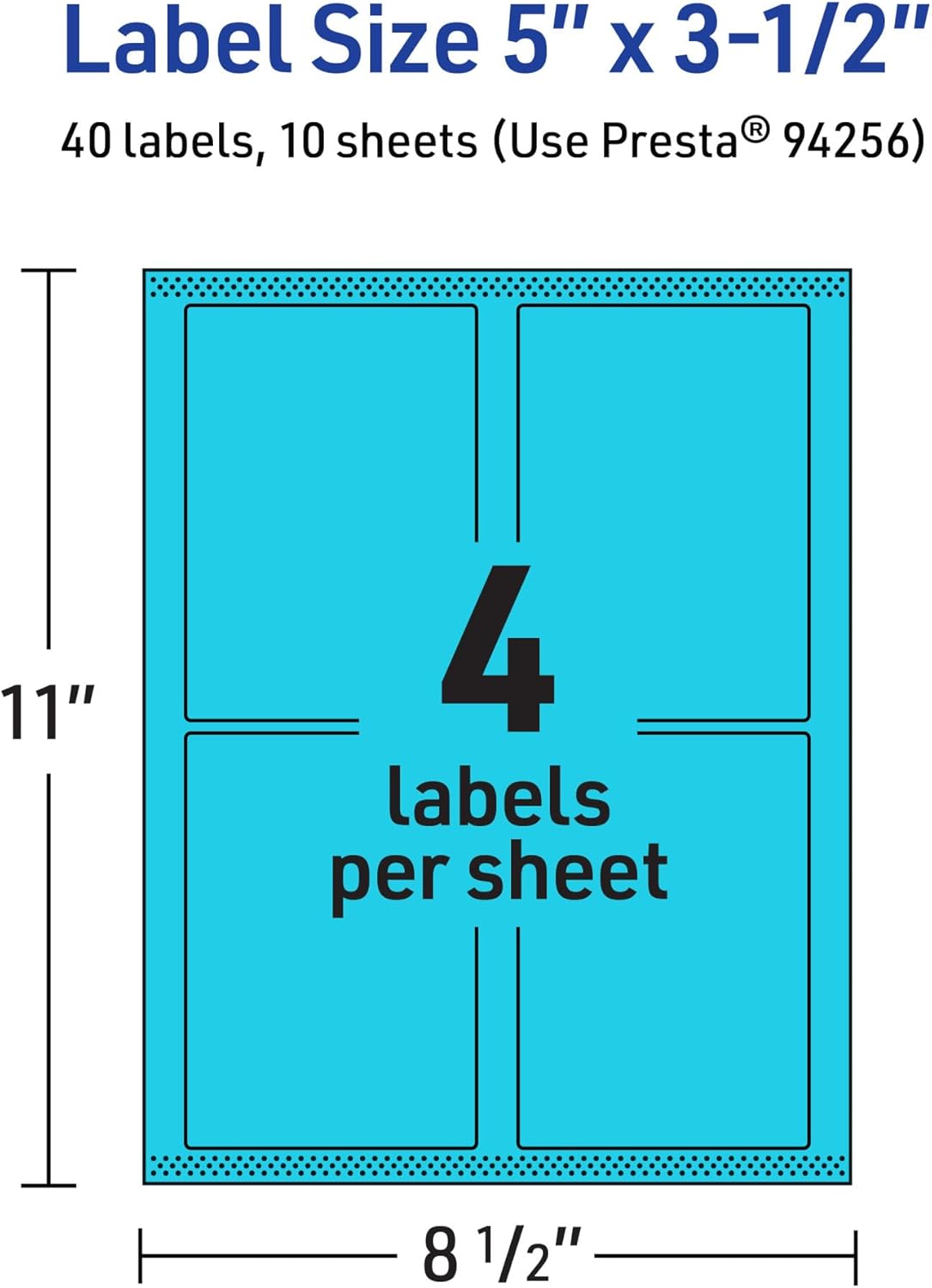 Avery Printable Rectangle Labels, Sure Feed Technology, 5" x 3.5", Bright Blue Labels, Laser/Inkjet Printable, 40 Total