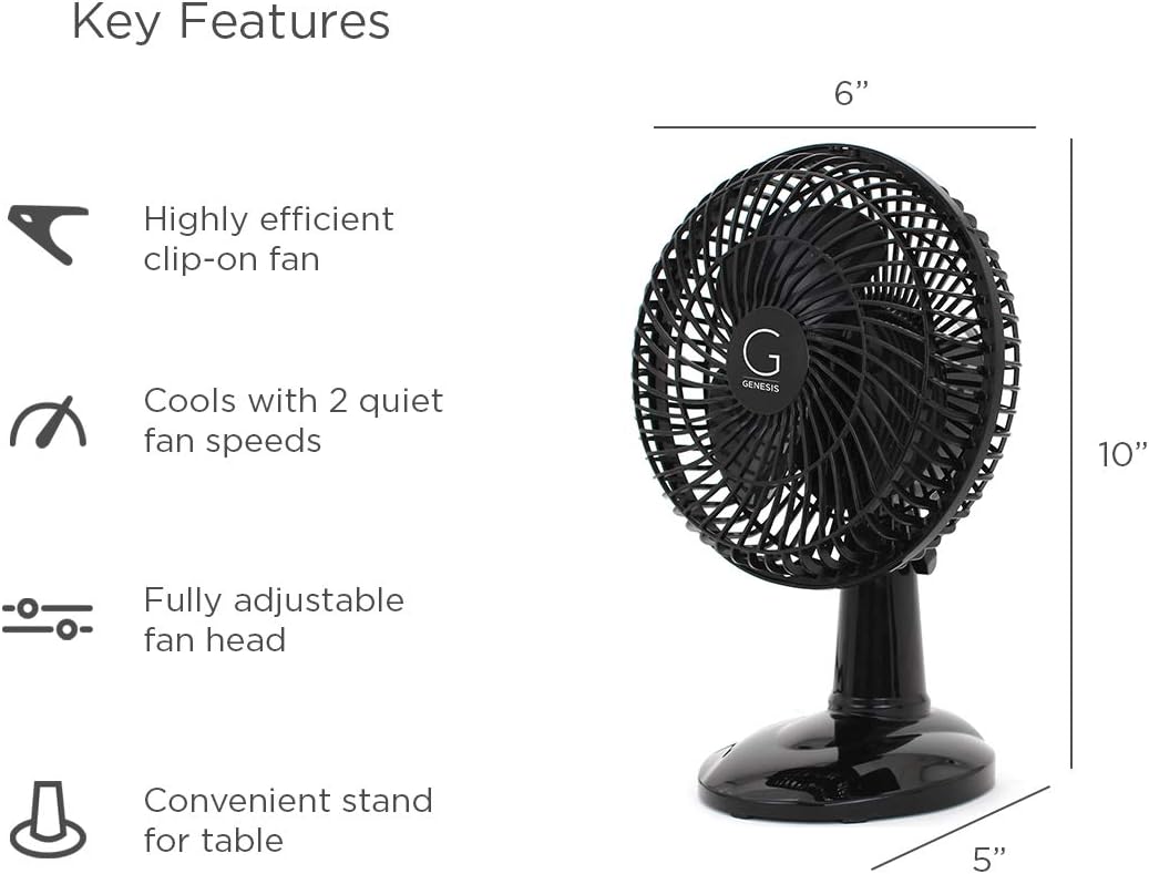 GENESIS 6-Inch Clip Convertible Table-Top & Clip Fan, 2 Quiet Speeds
