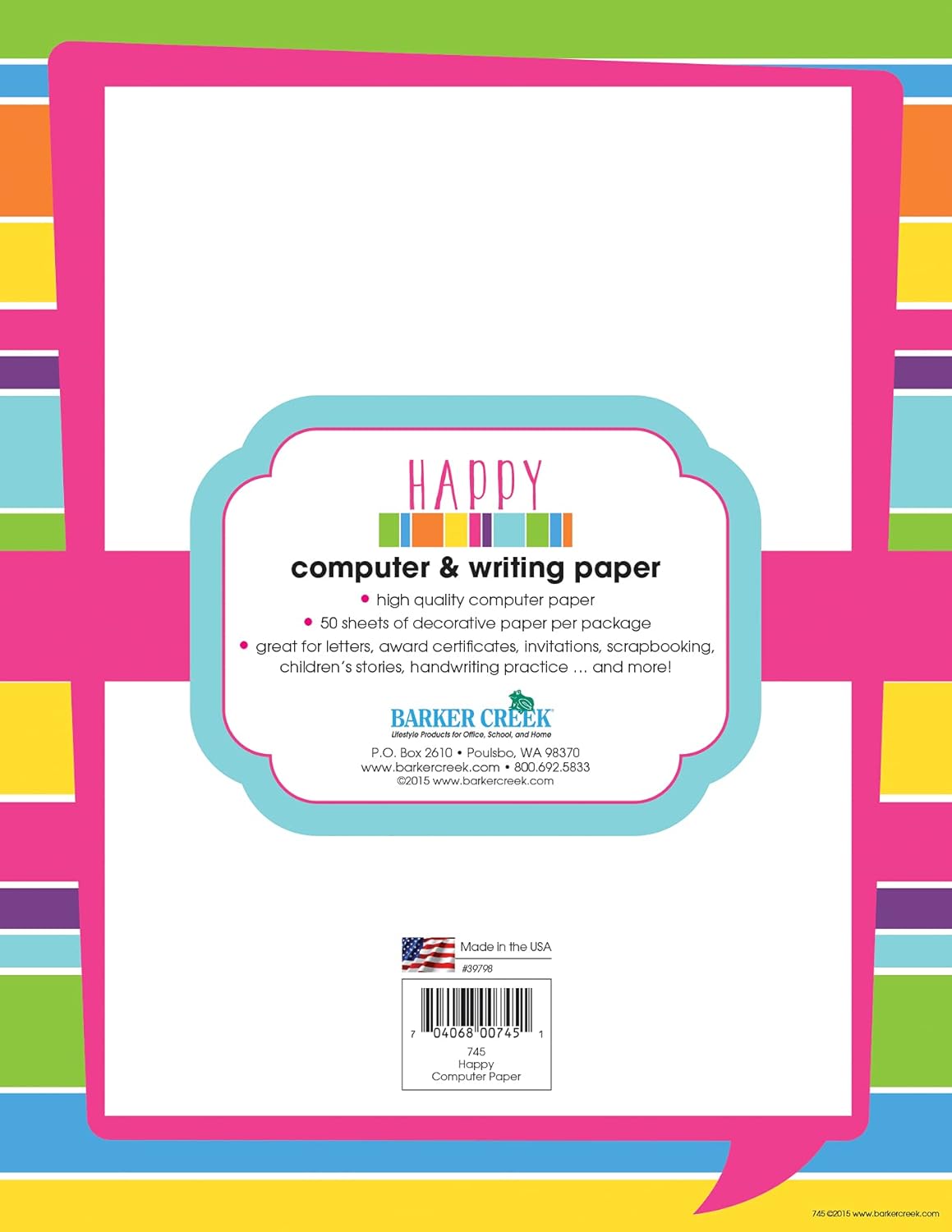 BARKER CREEK Creek Designer Computer Paper, Happy Bright Stripe, Decorative Printer Paper, 50 Sheets Per Pkg, Home, School