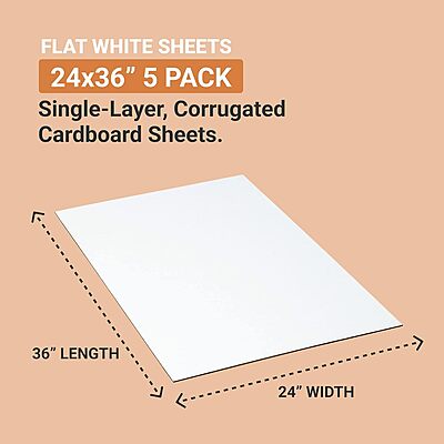 AVIDITI Corrugated Cardboard Sheets 24" x 36" (5 Pack) Large Card Board for Layer Separation Packaging Mailing Shipping Packing, and Protecting Products from Forklift Damage - White, 5 Pack One Size