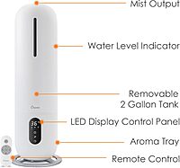 Crane 2 Gallon Top Fill Ultrasonic Cool Mist Tower Humidifier for Home, Whisper Quiet, Filter Free, Dishwasher Safe, Auto Shutoff, White