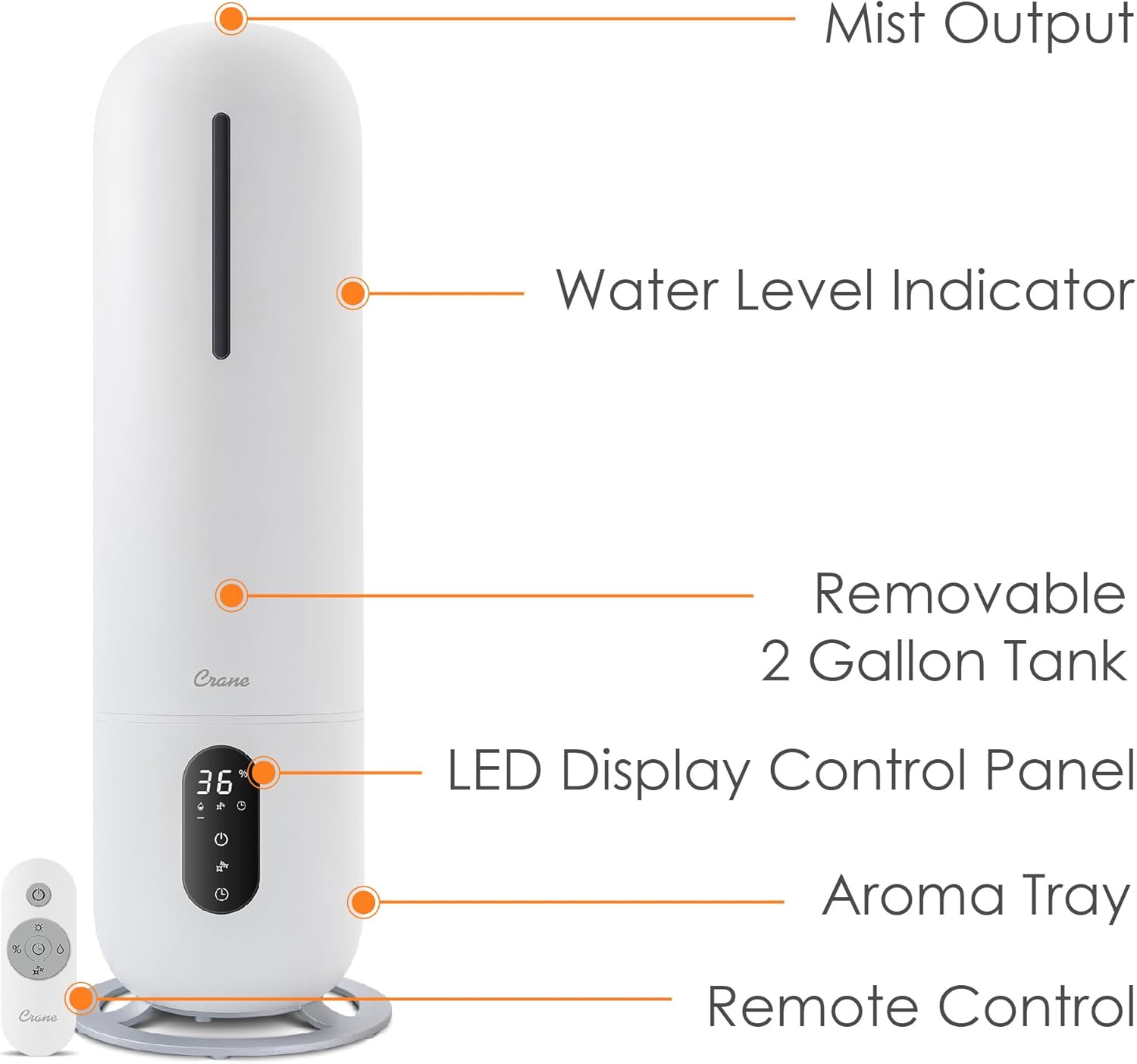 Crane 2 Gallon Top Fill Ultrasonic Cool Mist Tower Humidifier for Home, Whisper Quiet, Filter Free, Dishwasher Safe