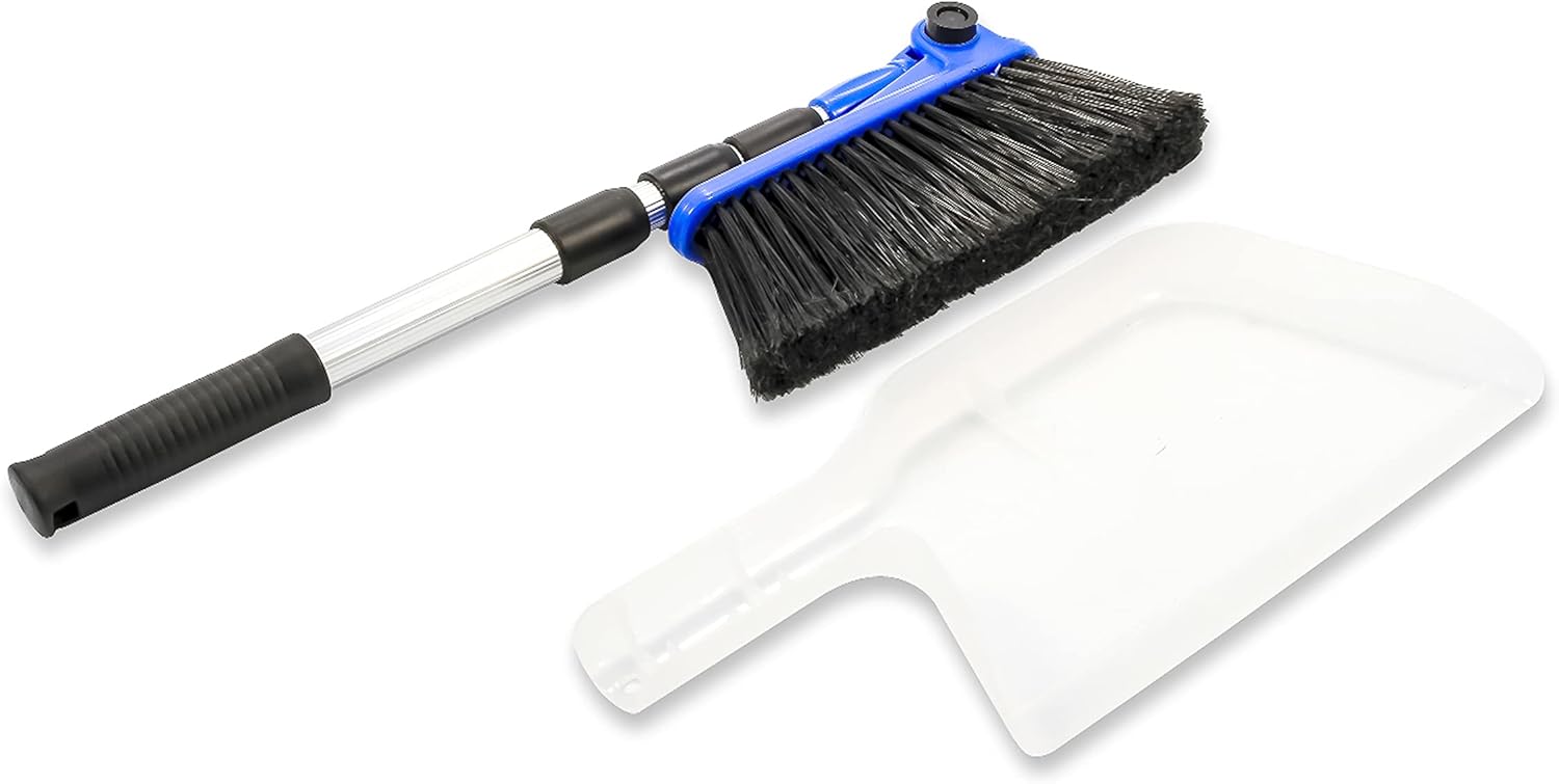 Camco 43623 Adjustable Broom and Dustpan, Adjusts From 24 Inches to 52 Inches, Ideal for RV, Marine, And Home Use