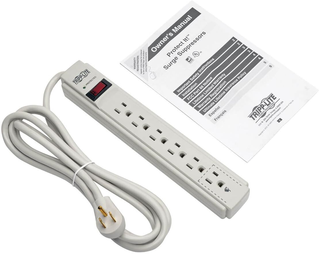Tripp Lite Surge Protector Power Strip 120V 6 Outlet 8' Cord 990 Joule Flat Plug Gray