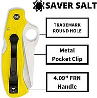 Spyderco Saver Salt Knife with 3.09" H-1 Corrosion-Resistant Stainless Steel Blade and Lightweight Yellow FRN Handle - SpyderEdge -C118SYL