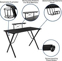 Flash Furniture Mallot Black Gaming Desk with Cup Holder, Headphone Hook, and Monitor/Smartphone Stand Black 51.5"
