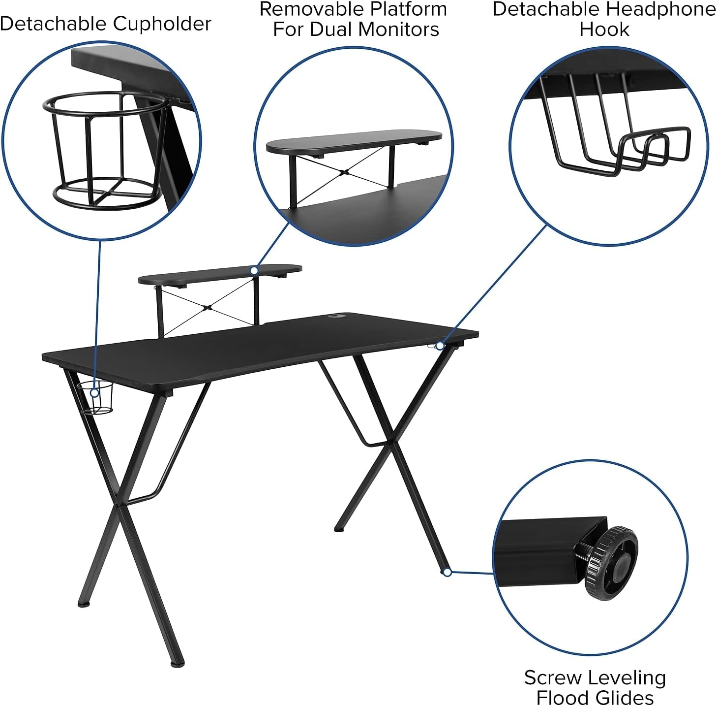 Flash Furniture Mallot Black Gaming Desk with Cup Holder, Headphone Hook, and Monitor/Smartphone Stand Black 51.5"