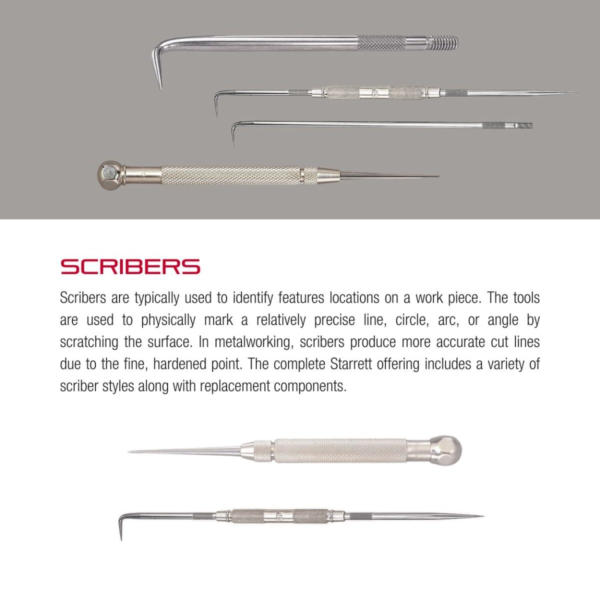 Starrett Improved Scriber with Knurled Grip and Finely Tapered Points- Steel, 9" Point Length, 1 Straight