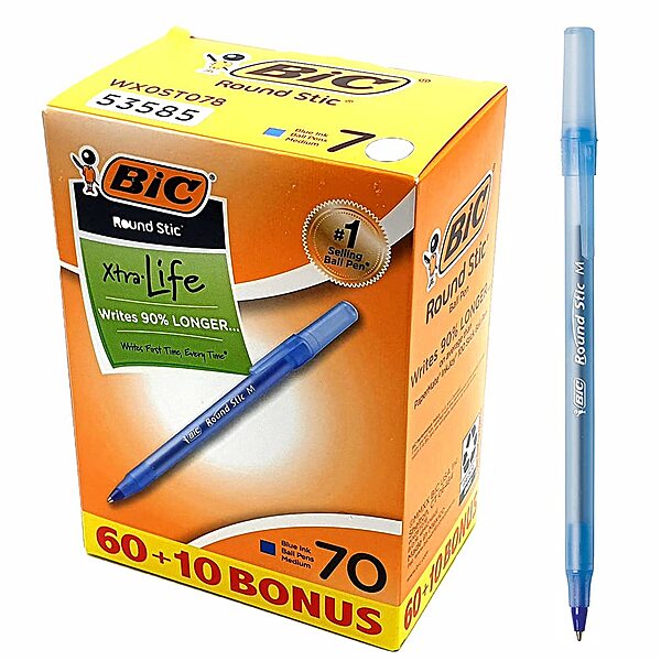 BIC Round Stic Xtra-Life Ballpoint Pens, Medium Point, 1.0 mm, Translucent Barrel, Blue Ink, 60/Pack