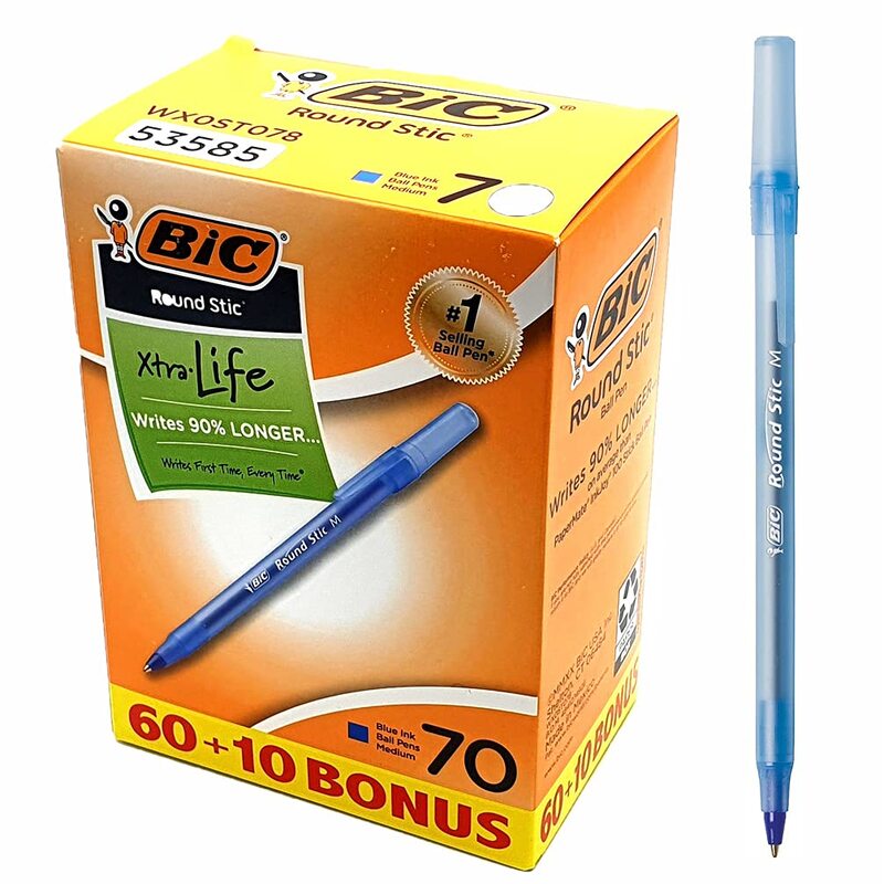 BIC Round Stic Xtra-Life Ballpoint Pens, Medium Point, 1.0 mm, Translucent Barrel, Blue Ink, 60/Pack