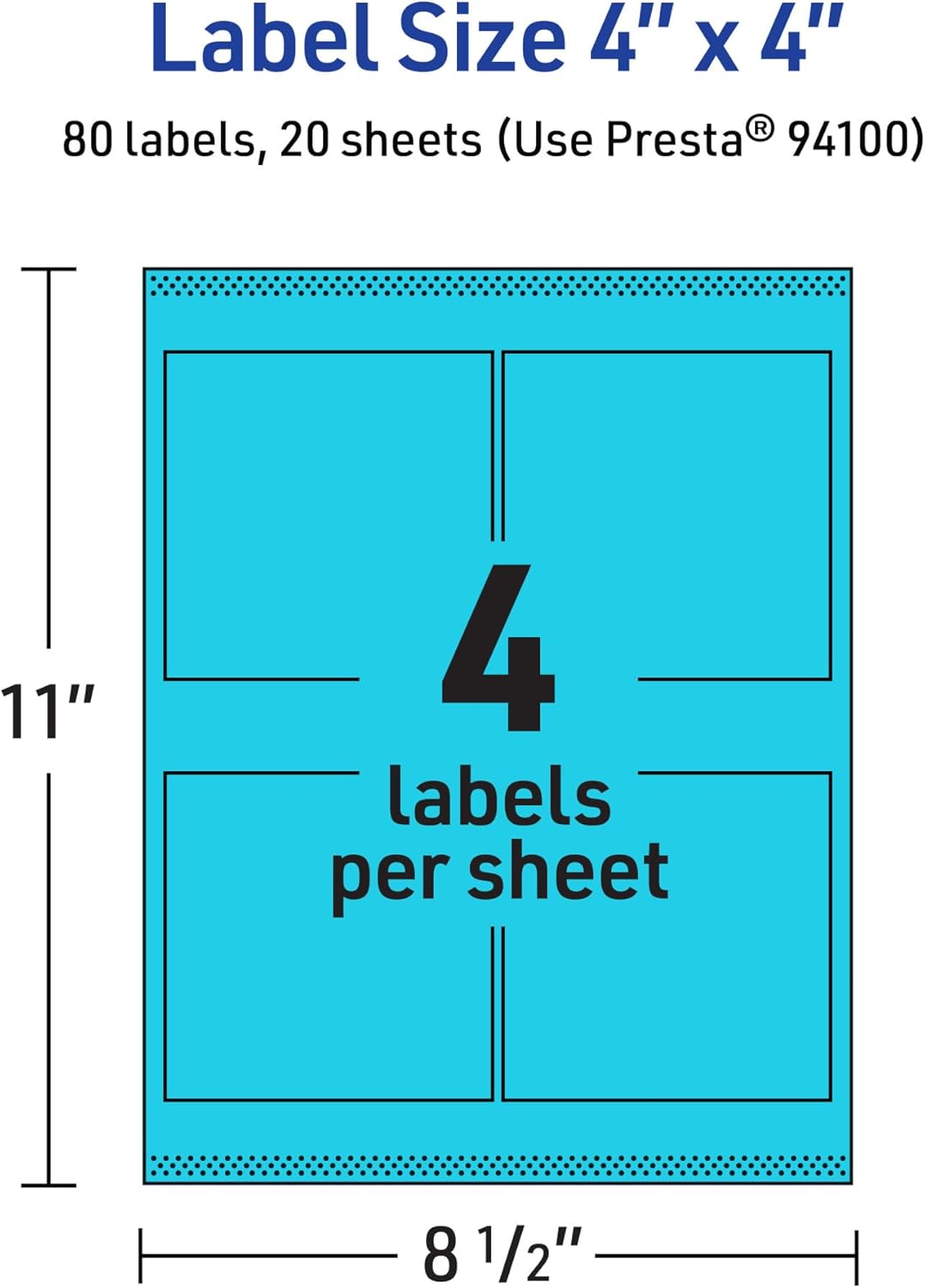 Avery Printable Square Labels, Sure Feed Technology, 4" x 4", Bright Blue