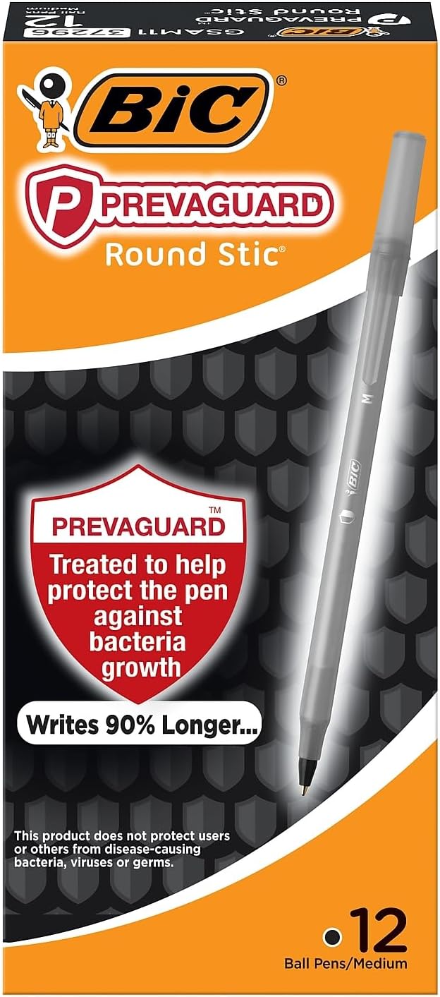 BIC PrevaGuard Round Stic Ballpoint Pen With Built-in Protection To Suppress Bacteria Growth, Medium Point (1.0 mm), Black