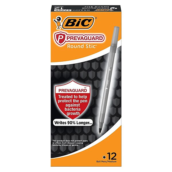 BIC PrevaGuard Round Stic Ballpoint Pen With Built-in Protection To Suppress Bacteria Growth, Medium Point (1.0 mm), Black, 12-Count