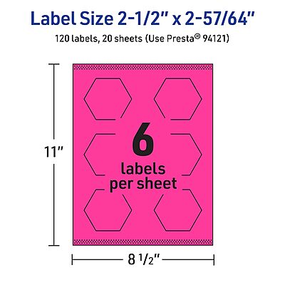 AVERY Printable Hexagon Labels, Sure Feed Technology, 2-1/2\" x 2-57/64\", Neon Magenta, Print-to-The-Edge