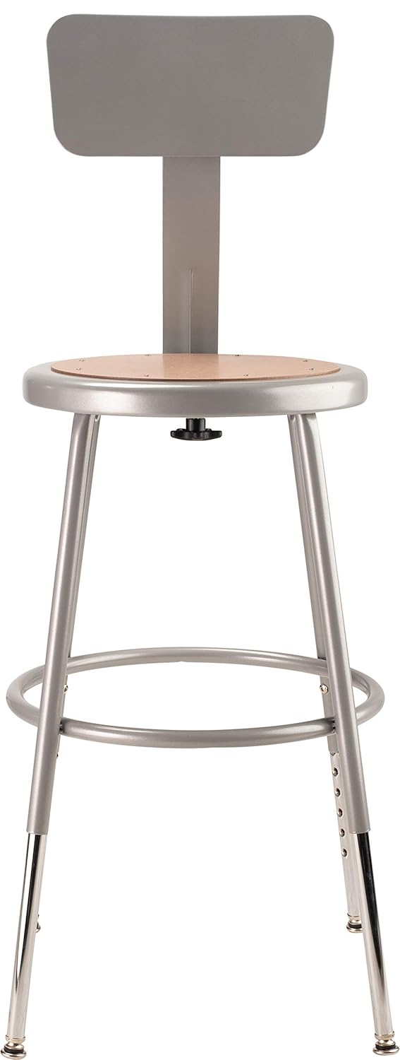 National Public Seating 6218HB Steel Stool with Hardboard Seat Adjustable and Backrest, 19"-27", Grey