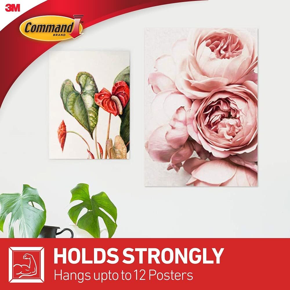 Command Poster Strips, Removable, Holds Up to 1 Lb Per Pair, 0.63 X 1.75, White, 12/Pack