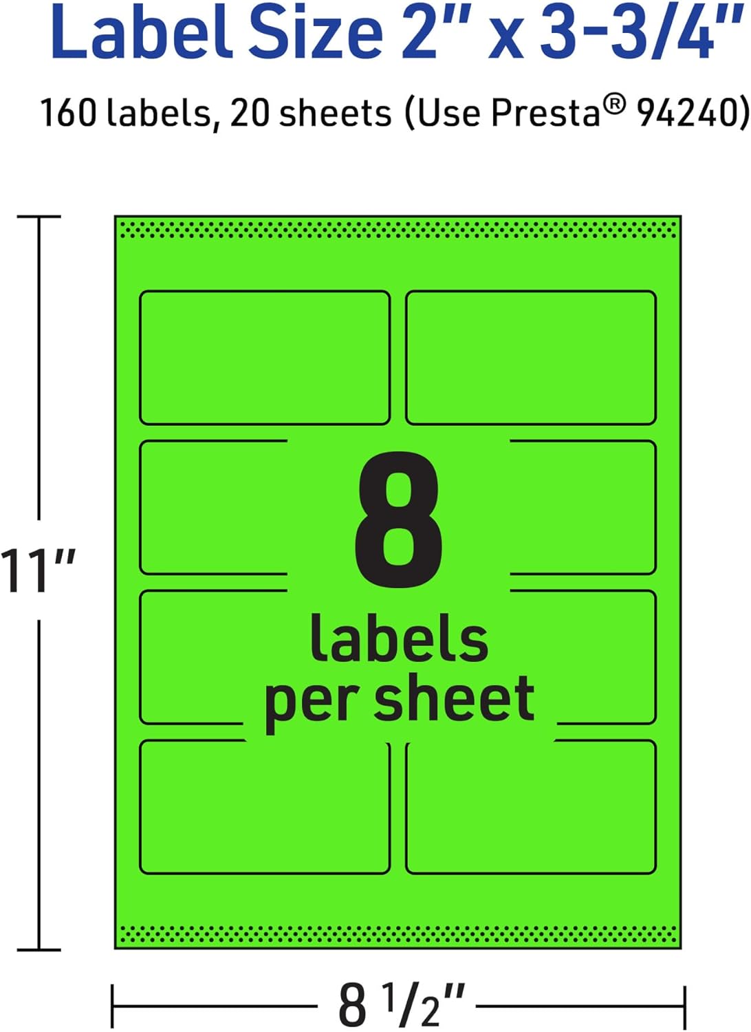 Avery Printable Neon Green Rectangle Labels 2 x 3.75 Print-to-Edge