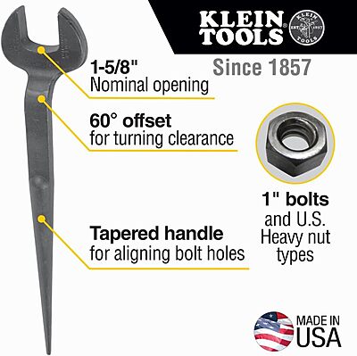 Klein Tools 3214 Spud Wrench, Made in USA, 1-5/8-Inch Nominal Opening, 1-Inch Bolt for U.S. Heavy Nut Standard