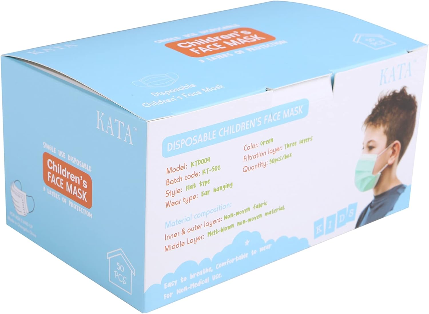 Kata 3-Ply Pleated Disposable Children's Face Masks, One Size, Green, Box Of 50 Masks