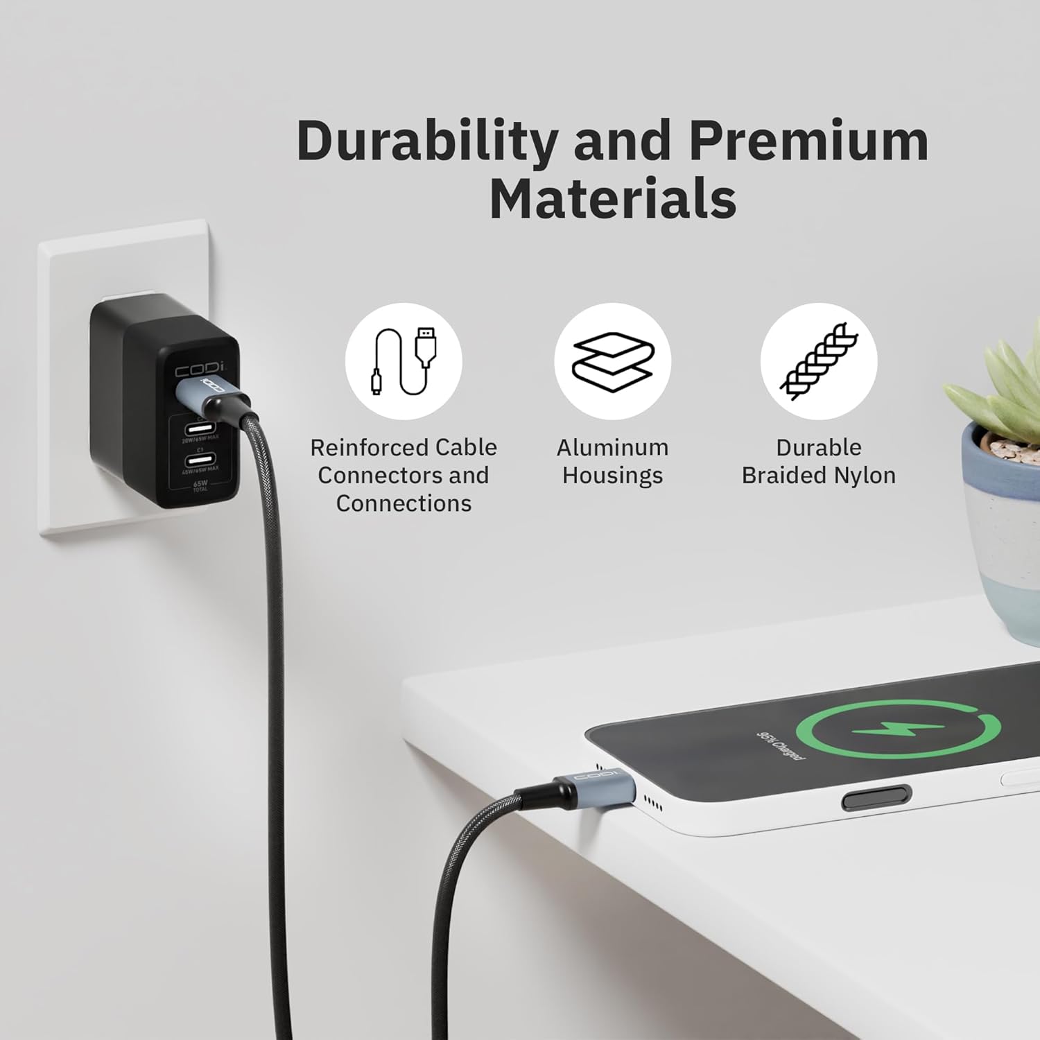 CODi 3ft Braided Nylon USB-A to USB-C Charging & Sync Cable – Fast Charge Compatible, Tangle-Free, Durable Aluminum Housing