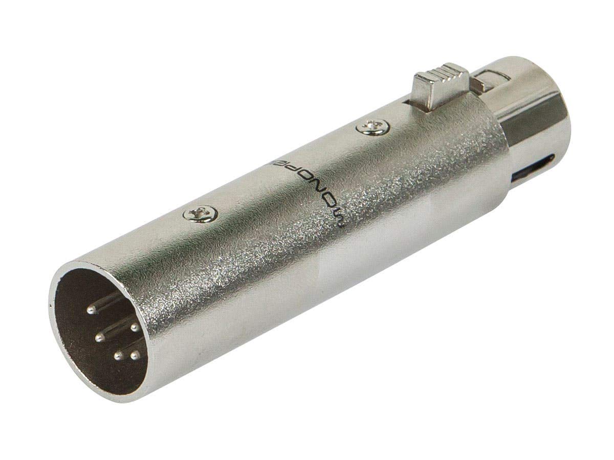 Monoprice 5-Pin Male to 3-Pin Female DMX Converter - Silver, Anodized Aluminum Adapter With Lock Release Button
