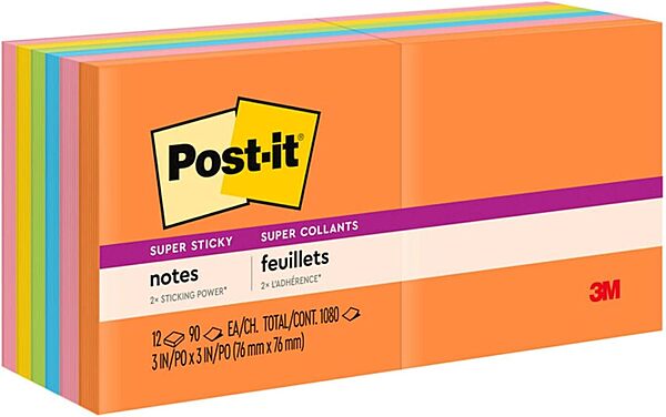 Post-it Super Sticky Notes, 3x3 in, 12 Pads, 2X The Sticking Power, Energy Boost Collection, Bright Colors (Orange, Pink, Blue, Green),Recyclable (654-12SSUC)