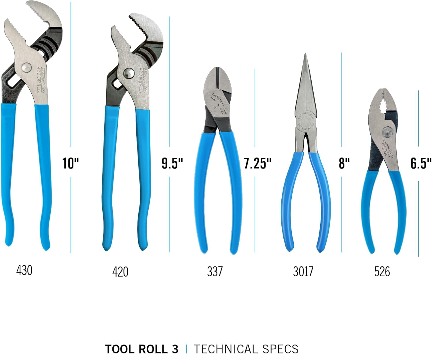 Channellock TOOL ROLL-3 5 Piece Pliers Set|Fast Release Handy Vinyl Pouch Features Long Nose,Diagonal Cutter,Slip Joint