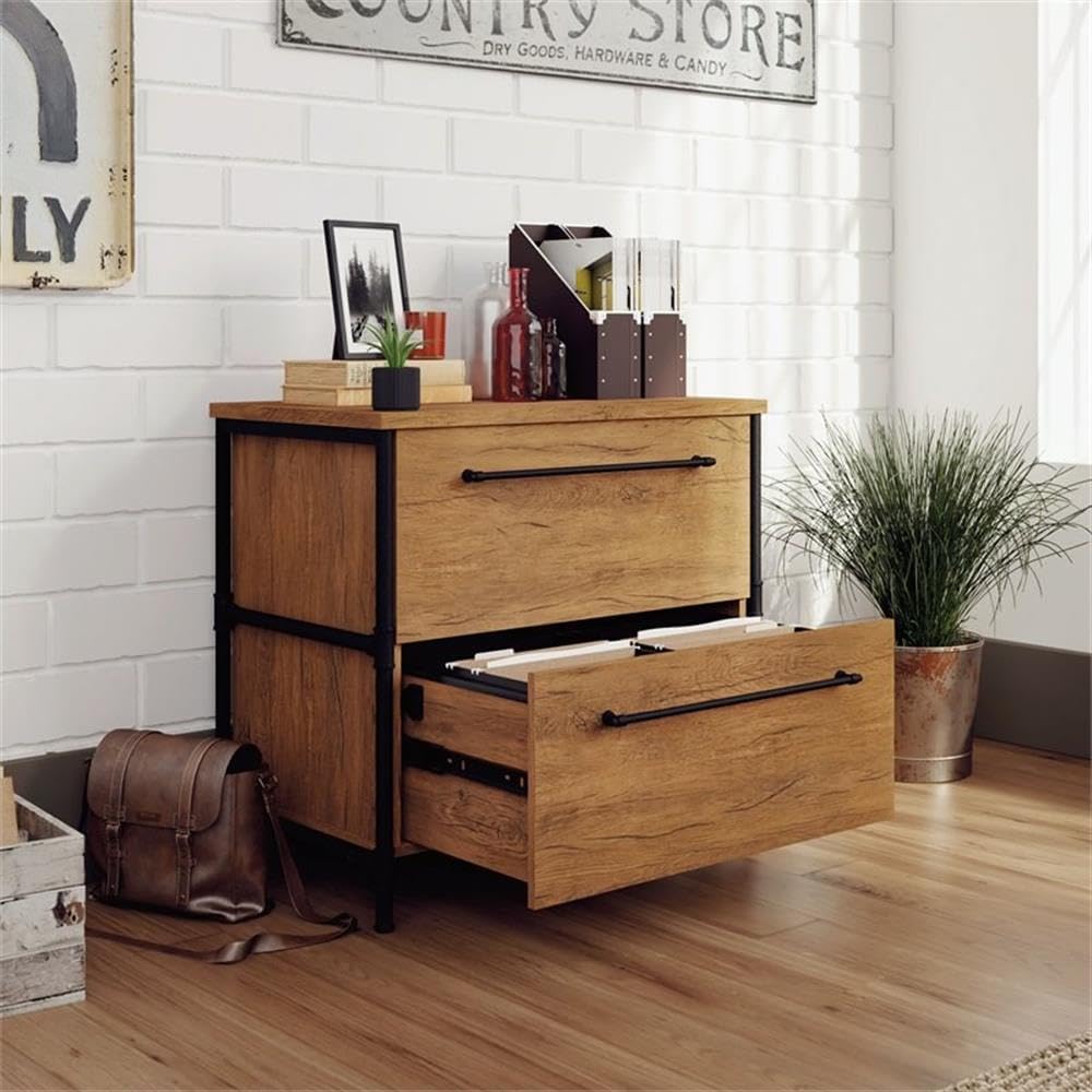 Sauder Iron City 31inW x 20inD Lateral 2-Drawer File Cabinet, Checked Oak