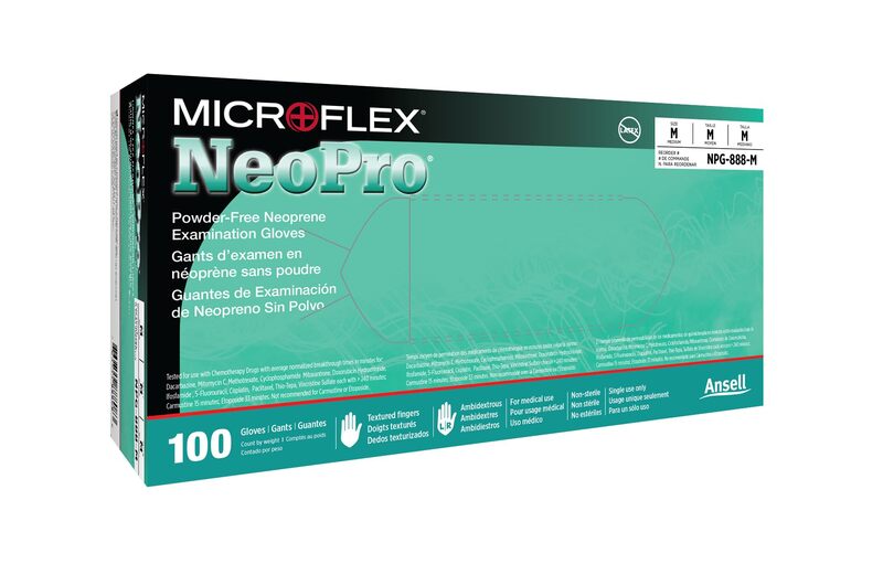 Series Microflex Neopro Disposable Gloves: Size X-Large, 5.1 mil, Uncoated-Coated Neoprene, Medical Grade, Unpowdered