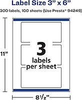 Avery Matte White Rectangle Labels, Sure Feed Technology, 3" x 6", 300 Matte White Printable Labels 300 Labels