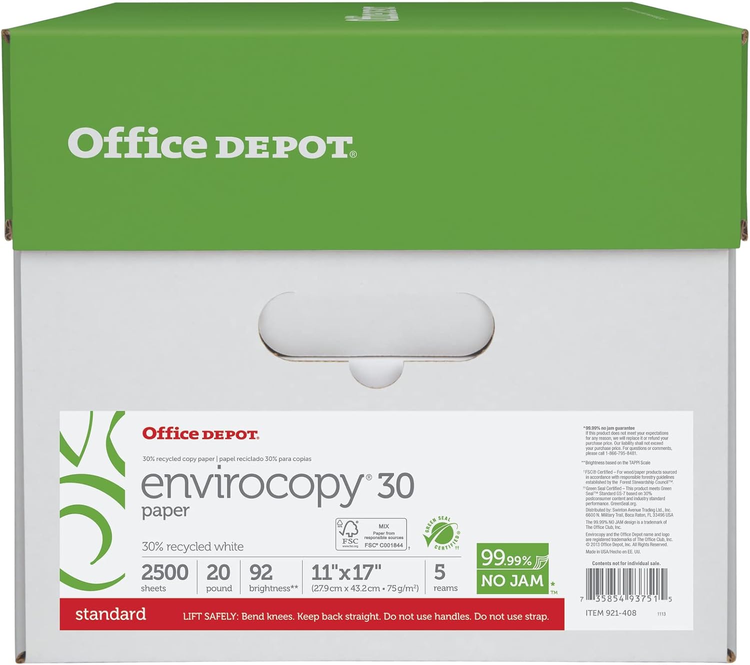 Office Depot EnviroCopy Copy Paper, 5 Reams, White, Ledger (11in x 17in), 2500 Sheets Per Case, 20 Lb, 30% Recycled