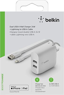Belkin 24W Dual Port USB-A Wall Charger (Includes Cable)