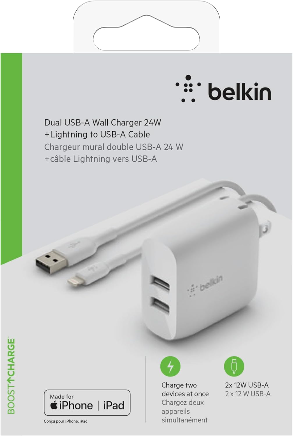 Belkin 24W Dual Port USB-A Wall Charger (Includes Cable)