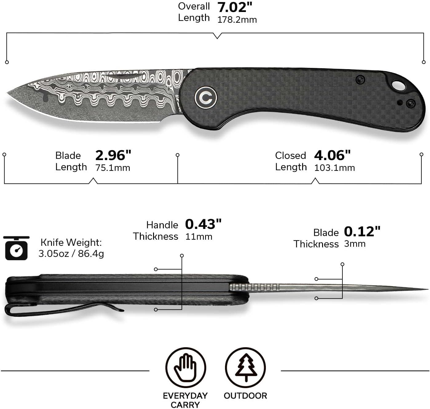 CIVIVI Elementum Slip Joint Pocket Knife for EDC, Folding Knife with 2.96" Damascus Blade Twill Carbon Fiber Handle