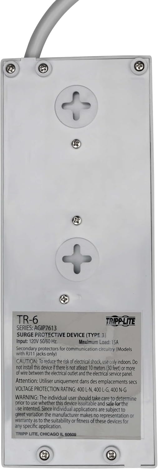 Tripp Lite 6 Outlet Surge Protector Power Strip, 6ft Cord, Right-Angle Plug, & $50,000 Insurance (TR-6) Grey