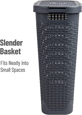 Mind Reader 40L Slim Laundry Hamper with Lid, Wicker-Style Plastic