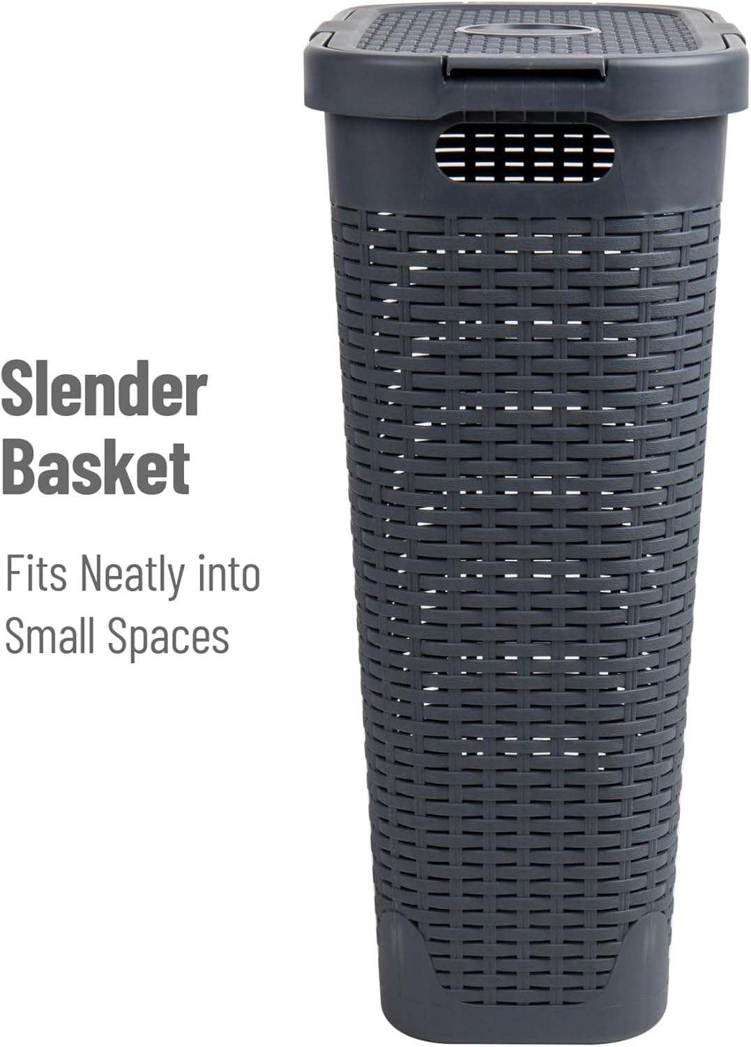 Mind Reader 40L Slim Laundry Hamper with Lid, Wicker-Style Plastic