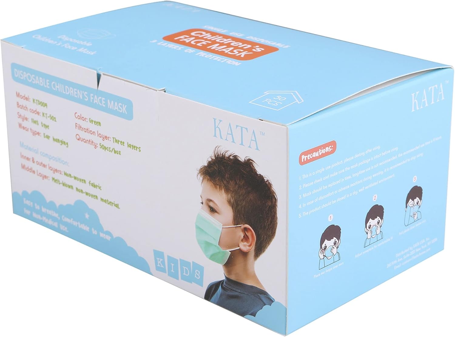 Kata 3-Ply Pleated Disposable Children's Face Masks, One Size, Green, Box Of 50 Masks