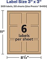 Avery Kraft Brown Square Labels, Sure Feed Technology, 3" x 3", Print-to-The-Edge, Laser/Inkjet Printable