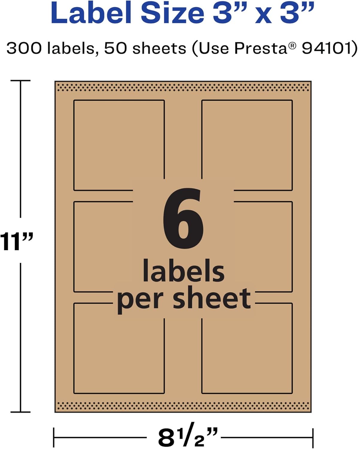 Avery Kraft Brown Square Labels, Sure Feed Technology, 3" x 3", Print-to-The-Edge, Laser/Inkjet Printable