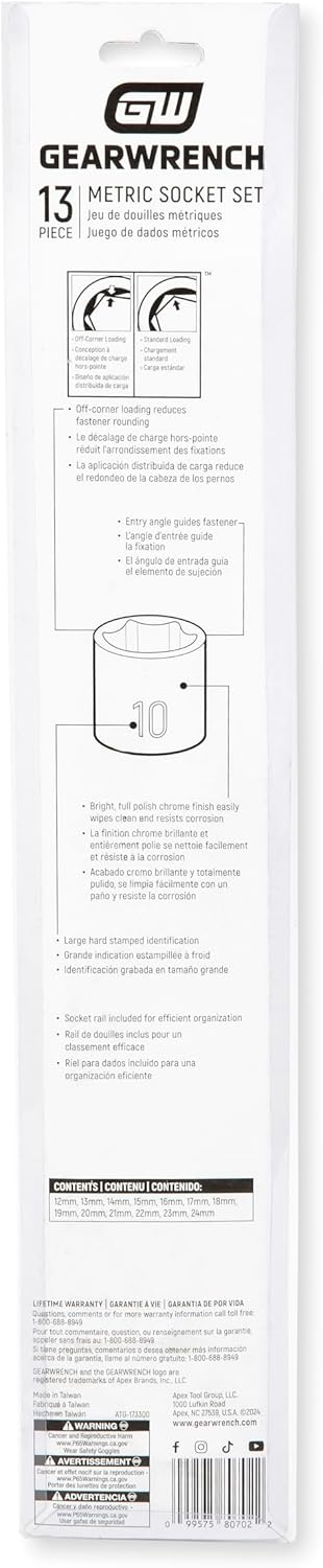 GEARWRENCH 13 Pc. 1/2" Drive 6 Pt. Standard Socket Set, Metric - 80702