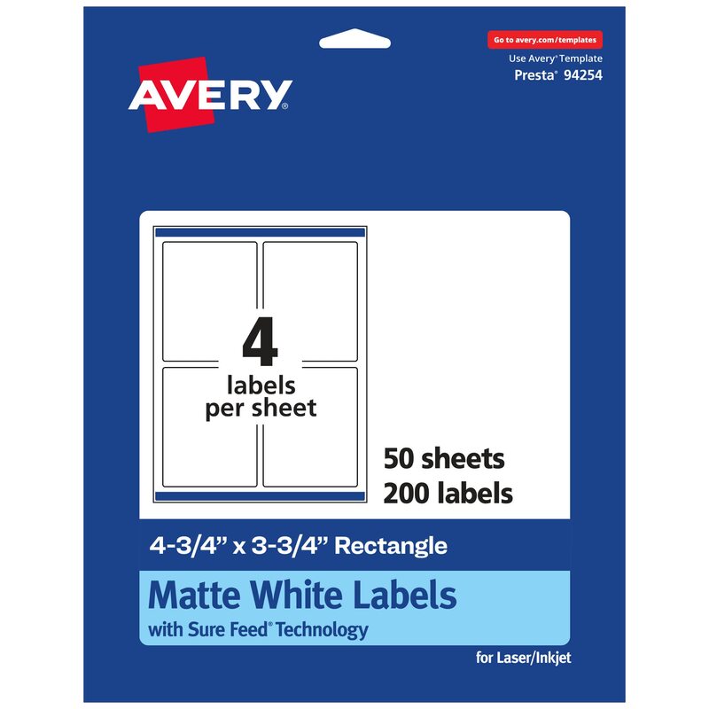 Avery Matte White Rectangle Labels, Sure Feed Technology, 4.75" x 3.75", 200 Labels