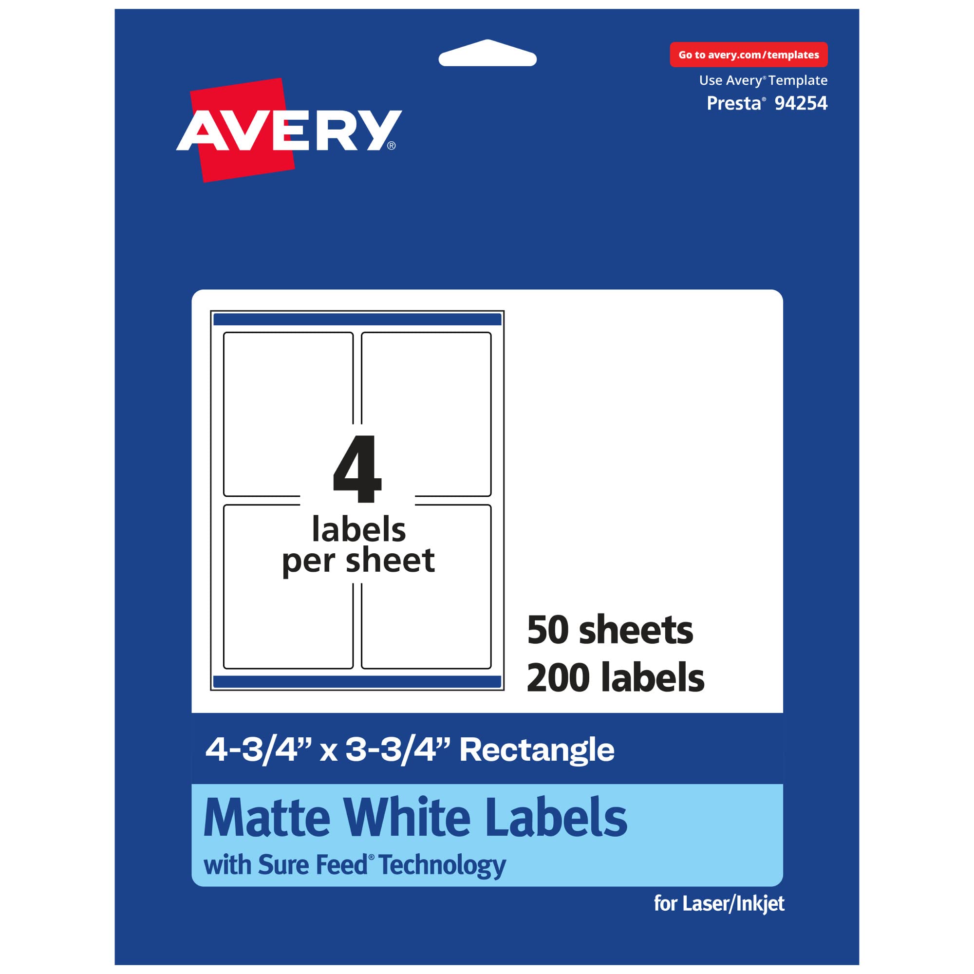 Avery Matte White Rectangle Labels, Sure Feed Technology, 4.75" x 3.75", 200 Labels