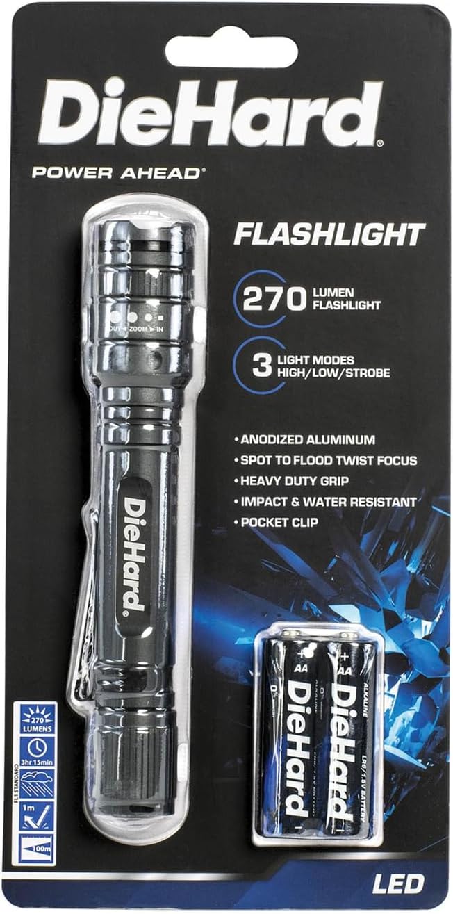 DieHard 270-Lumen Aluminum Twist-Focus Flashlight, 5-3/4in x 1in, Gray