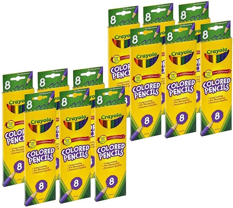 Crayola Colored Pencils, Assorted Colors, 8 Colored Pencils Per Box, Set Of 12 Boxes