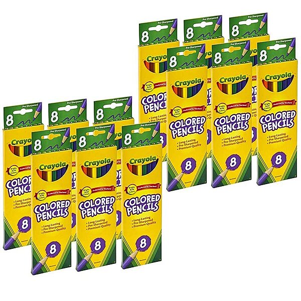Crayola Colored Pencils, Assorted Colors, 8 Colored Pencils Per Box, Set Of 12 Boxes