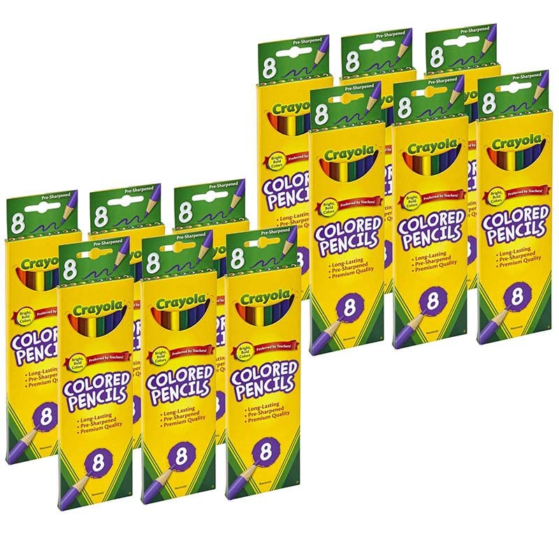Crayola Colored Pencils, Assorted Colors, 8 Colored Pencils Per Box, Set Of 12 Boxes
