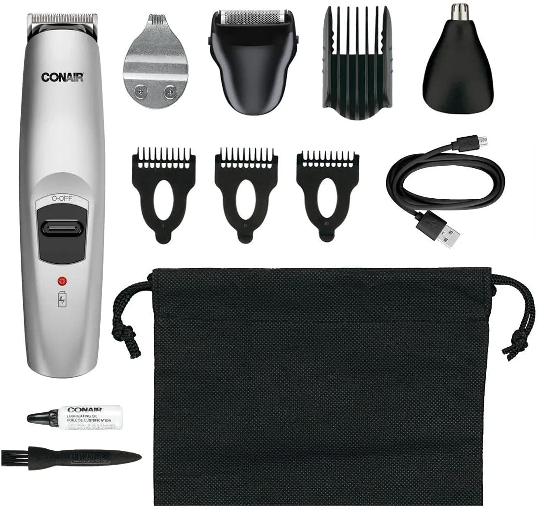 Conair ConairMan 13-Piece All-In-One Hair, Nose And Ear Grooming System, 1ft, Silver/Black