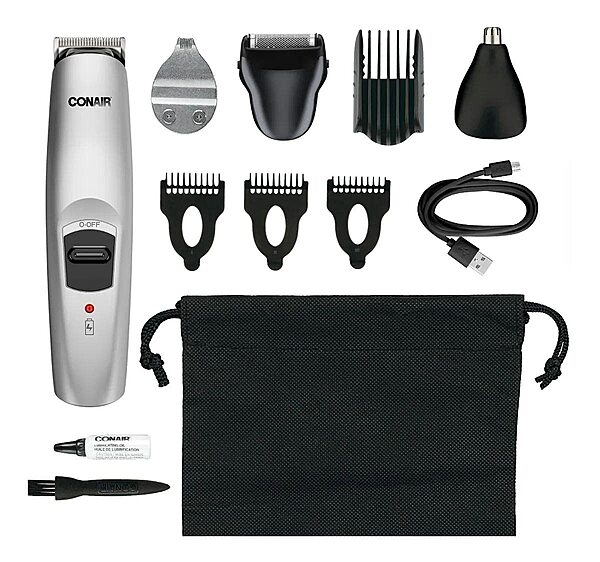 Conair ConairMan 13-Piece All-In-One Hair, Nose And Ear Grooming System, 1ft, Silver/Black
