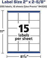 Avery Matte White Removable Rectangle Labels, Sure Feed Technology, 2" x 2-5/8", 225 Removable Labels, Laser/Inkjet Printable 225 labels